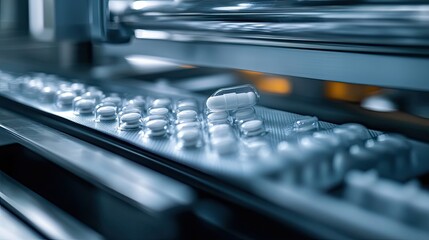 close-up of a pharmaceutical production line with capsules and tablets on a conveyor.