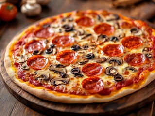 Sticker - Delicious Pepperoni Pizza Photo - Freshly Baked with Mushrooms and Olives