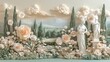 © Nottenaj - 12. A 3D paper art scene with a European garden, featuring elegant paper flowers, classical statues, and manicured hedges. The design uses detailed paper layers in soft pastel tones, creating a