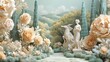 © Nottenaj - 12. A 3D paper art scene with a European garden, featuring elegant paper flowers, classical statues, and manicured hedges. The design uses detailed paper layers in soft pastel tones, creating a