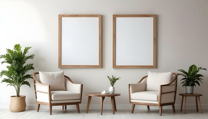 Two wooden framed blank canvases hanging on a white wall above two beige armchairs and a small wooden table.