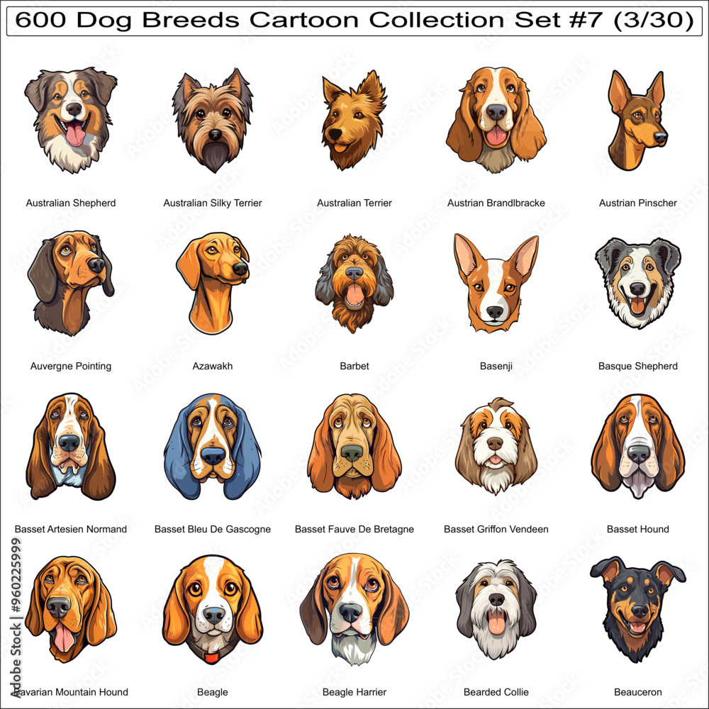 Cute Dog Breeds Cartoon Characters Sticker Bundle Collection Set 7 of ...