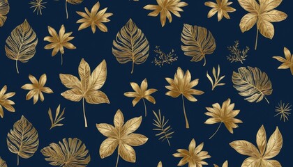 Seamless pattern of gold tropical leaves on dark blue background.