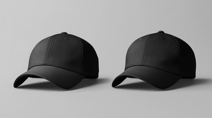 Wall Mural - Two Black Baseball Caps on a Grey Background