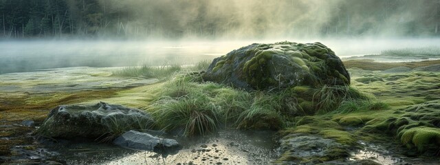 Wall Mural - Moss-covered rock in a misty forest landscape