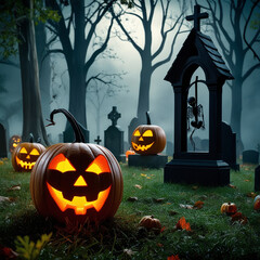 Jack O' Lanterns in Creepy Forest Churchyard. Halloween background