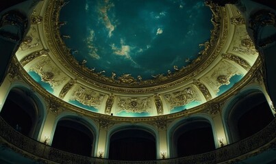 Celestial Baroque Masterpiece: Dramatic Blue Sky Ceiling Fresco with Ornate Frame. Elegant Trompe l'Oeil Mural Depicting Heavenly Figures in Azure Expanse. Cultural Icon of Faith and Inclusivity, Perf