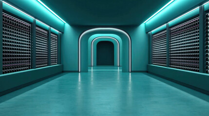 Wall Mural - A modern corridor featuring vibrant teal colors and sleek lighting, ideal for showcasing futuristic architecture or design concepts.