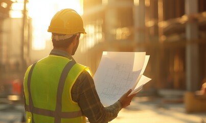 A construction worker, wearing a safety vest and helmet, studies blueprints at a job site in the warm glow of sunset