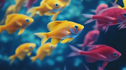 A school of fish swimming in formation, with some individuals displaying unique coloration as an adaptation to predators