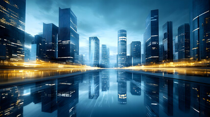 Wall Mural - A modern city skyline at dusk, reflecting in calm water.