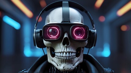 spooky cyberpunk skull in three dimensions with futuristic virtual reality goggles in a 3D illustration