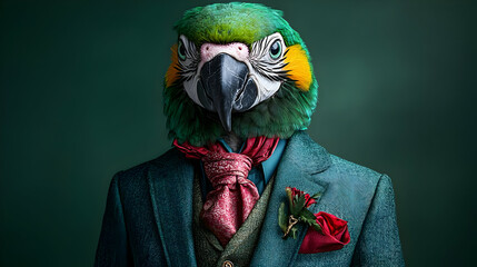 Poster - A parrot dressed in a formal suit with a vibrant green head.