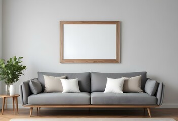 Wall Mural - A modern living room with a gray sofa, white walls, and a large empty wooden frame on the wall.