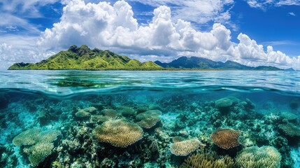 A panoramic view of the Mamanuca Islands with vibrant coral reefs visible beneath the water.