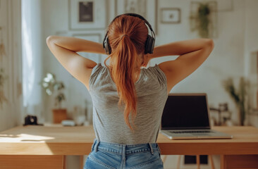 Canvas Print - A woman with back pain is working at her desk in the office, holding her lower spine and standing up straight.