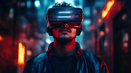 Wall Mural - A person wearing a VR headset in a neon-lit urban setting.