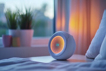 Wall Mural - Minimal AI-powered smart alarm clock on a clean bedside table, soft morning light, ample copy space around for text or design, copy space for stock photo with minimal concept, No logo, No Trademark,