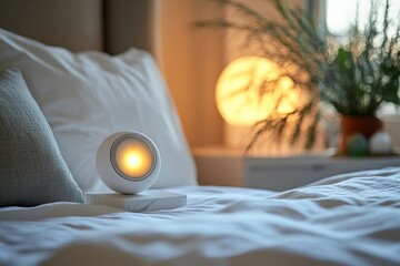 Wall Mural - Minimal AI-powered smart alarm clock on a clean bedside table, soft morning light, ample copy space around for text or design, copy space for stock photo with minimal concept, No logo, No Trademark,