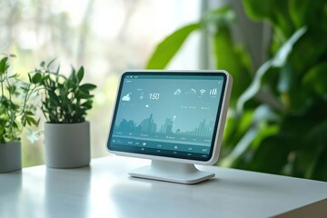 Wall Mural - Minimal AI assistant screen displaying weather and news, set on a clean white table, ample copy space for text or design, copy space for stock photo with minimal concept, No logo, No Trademark, No