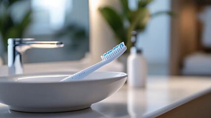 Wall Mural - Simple toothbrush with AI features on a clean bathroom counter, minimal morning light, large empty space around, copy space for stock photo with minimal concept, No logo, No Trademark, No text