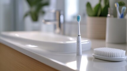 Wall Mural - Simple toothbrush with AI features on a clean bathroom counter, minimal morning light, large empty space around, copy space for stock photo with minimal concept, No logo, No Trademark, No text