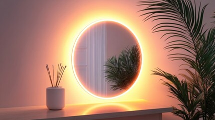 Wall Mural - Minimal smart mirror with AI-generated morning tips, soft natural light, large area of blank space surrounding the scene, copy space for stock photo with minimal concept, No logo, No Trademark, No