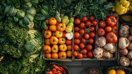 Wall Mural - Fresh Produce Displayed in Baskets with Green Leafy Vegetables