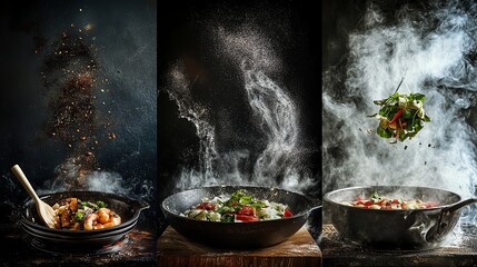 Steaming Woks of Delicious Food with Flying Ingredients