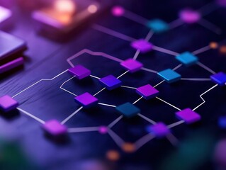 Fototapete - Abstract network representation with vibrant colors on a dark background, highlighting interconnected nodes and modern technology.