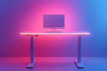 Wall Mural - Minimal AI-controlled standing desk adjusting height, soft morning light, abundant empty space for copy or design, copy space for stock photo with minimal concept, No logo, No Trademark, No text