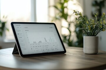 Wall Mural - Minimal AI-powered task management app open on a tablet, soft natural light, large blank space surrounding the scene, copy space for stock photo with minimal concept, No logo, No Trademark, No text