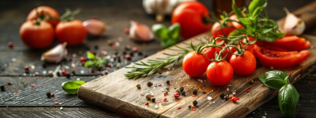 Wall Mural - Fresh cherry tomatoes and herbs on a wooden cutting board