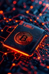 Aufkleber - Closeup of a Bitcoin coin on a glowing computer chip, symbolizing cryptocurrency and blockchain technology advancements.