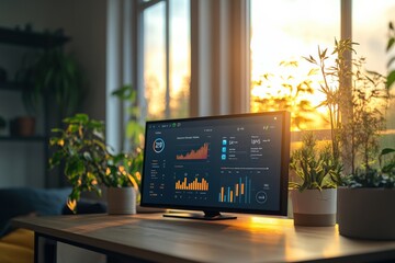 Wall Mural - Minimal AI-powered smart home dashboard showing energy savings, soft natural light, ample copy space around, copy space for stock photo with minimal concept, No logo, No Trademark, No text