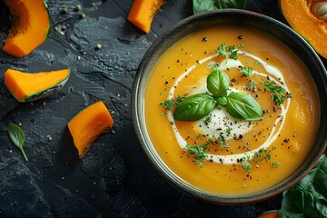 Wall Mural - Delicious Pumpkin Soup with Fresh Herbs and Cream Swirls - Perfect for Fall and Winter Meals