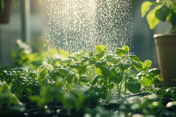 Wall Mural - Minimal AI-powered garden system watering plants, soft morning light, abundant empty space for design or text, copy space for stock photo with minimal concept, No logo, No Trademark, No text