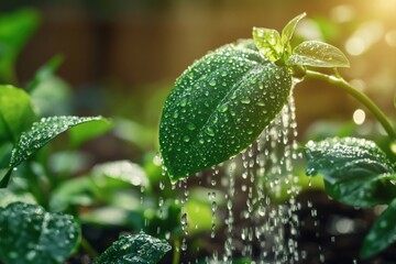 Wall Mural - Minimal AI-powered garden system watering plants, soft morning light, abundant empty space for design or text, copy space for stock photo with minimal concept, No logo, No Trademark, No text