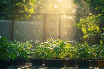 Wall Mural - Minimal AI-powered garden system watering plants, soft morning light, abundant empty space for design or text, copy space for stock photo with minimal concept, No logo, No Trademark, No text