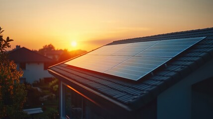 Wall Mural - Simple AI-driven solar panel system on a clean rooftop, minimal scene with soft light, large copy space around, copy space for stock photo with minimal concept, No logo, No Trademark, No text