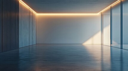 Wall Mural - Minimal AI-controlled lighting system dimming to save energy, soft natural light, large empty space around, copy space for stock photo with minimal concept, No logo, No Trademark, No text
