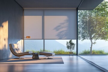 Wall Mural - AI-controlled smart blinds adjusting to natural light, minimalistic room with large blank space surrounding, copy space for stock photo with minimal concept, No logo, No Trademark, No text
