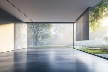 Wall Mural - AI-controlled smart blinds adjusting to natural light, minimalistic room with large blank space surrounding, copy space for stock photo with minimal concept, No logo, No Trademark, No text