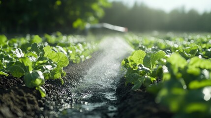Canvas Print - single ai-controlled irrigation system watering plants, minimalistic agricultural scene with large b
