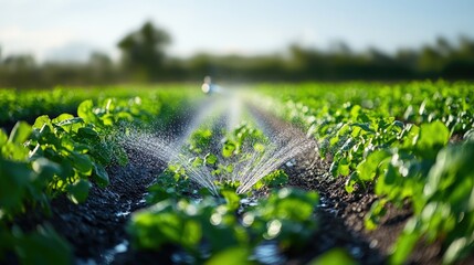 Canvas Print - single ai-controlled irrigation system watering plants, minimalistic agricultural scene with large b