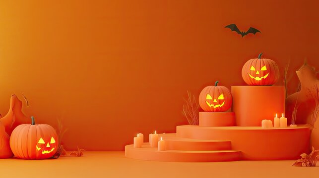 Modern Halloween-themed product display podium with an orange paper graphic background, featuring 3D jack-o-lanterns and atmospheric candlelight.