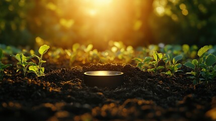 Simple AI-powered soil sensor in the ground, minimal scene with soft light, large copy space around, copy space for stock photo with minimal concept, No logo, No Trademark, No text