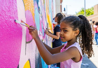 Canvas Print - diverse people painting a colorful mural on a city wall, side view with focus on children and adults painting together.