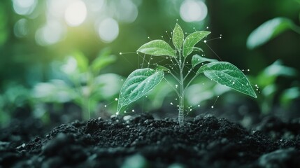Wall Mural - single ai-driven sensor monitoring plant growth, minimalistic scene with soft light and ample copy s