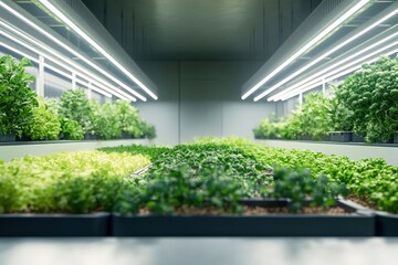Wall Mural - minimal ai-controlled vertical farming setup indoors, soft natural light, large empty space for text